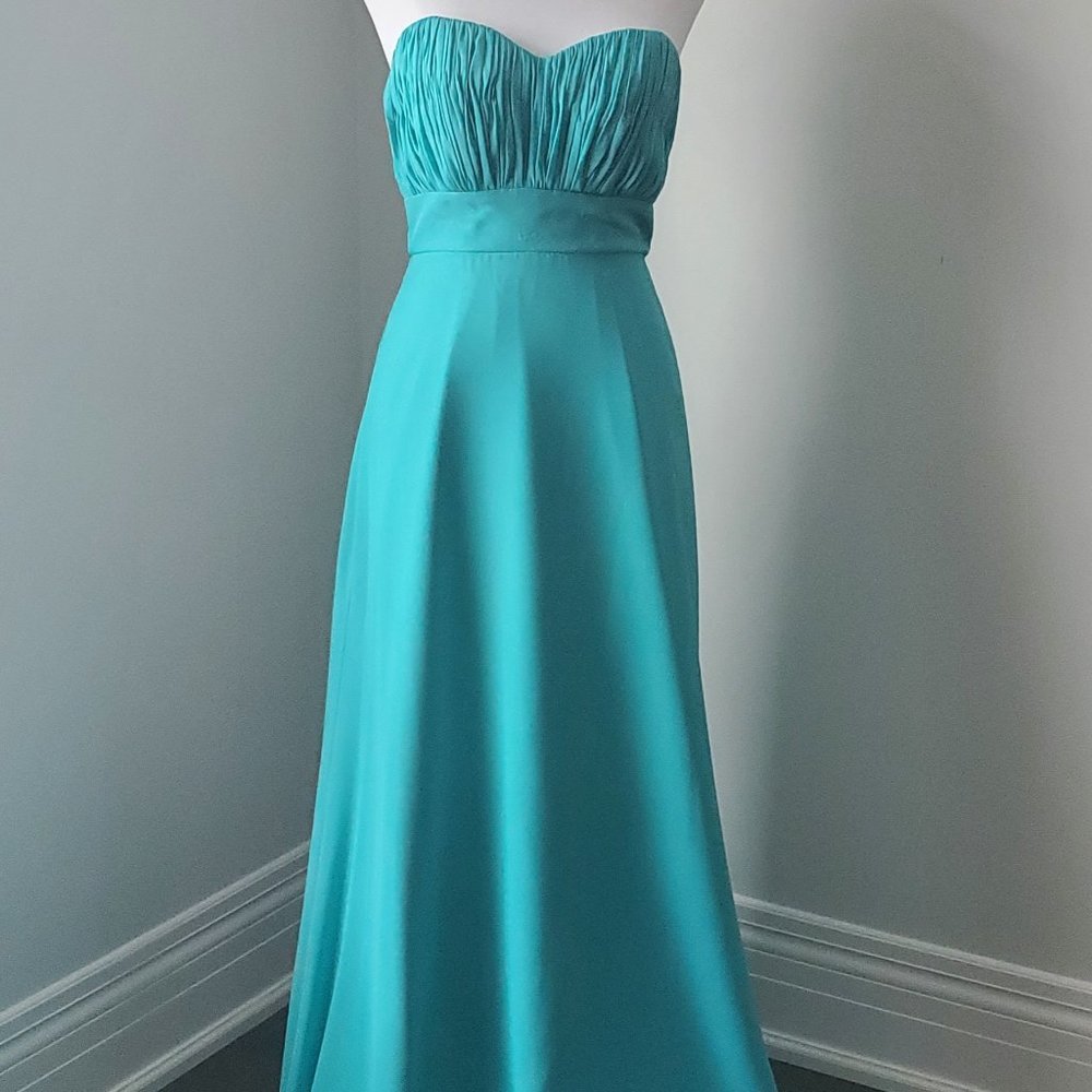 Light Aqua Long Strapless Dress Pleated Bodice Flared Gown Skirt Bridesmaid Prom